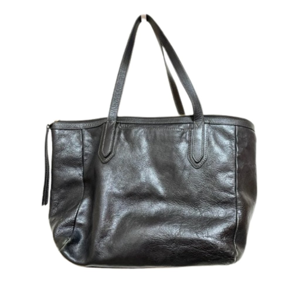 Fossil black leather tote with cloth cover bag